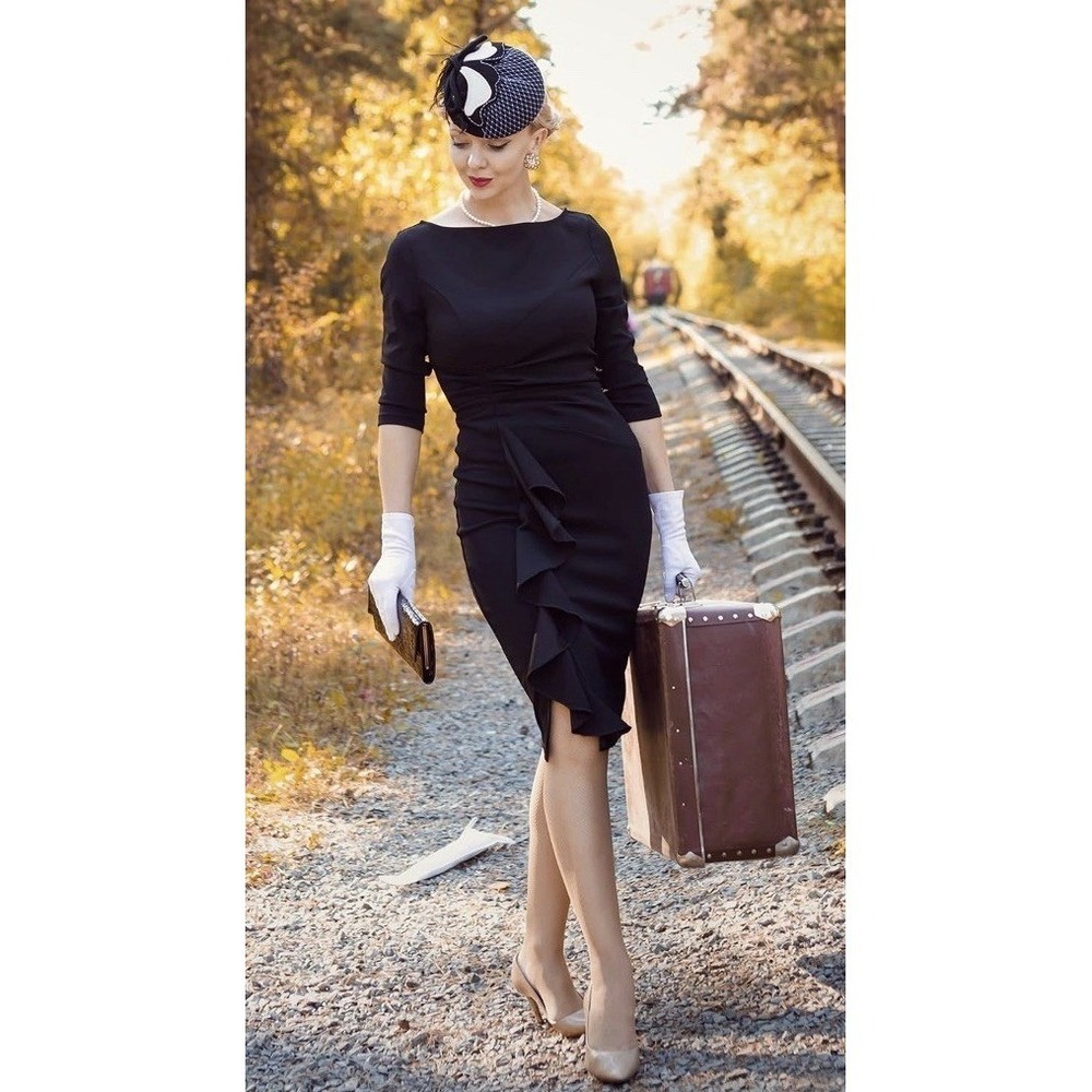 AISIZE Womens XL Sheath Dress Black Ruched 3/4 Sleeve Knee Length Bodycon Work - Picture 8 of 9